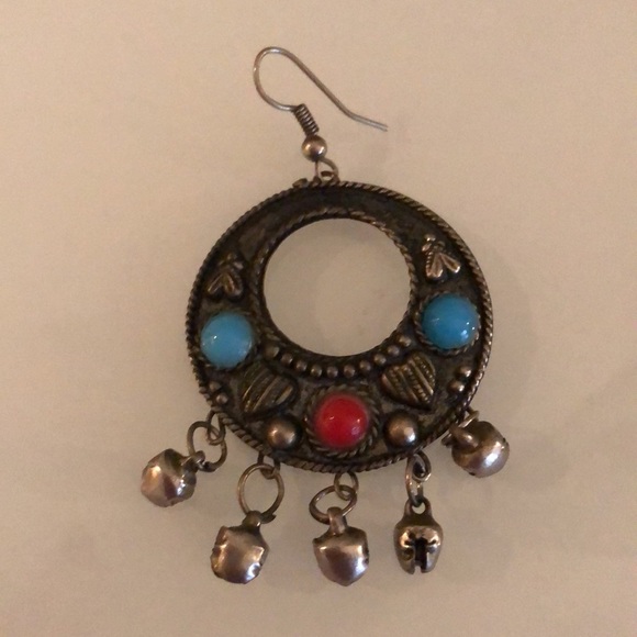 Silver color boho gypsy style earrings. - Picture 2 of 4